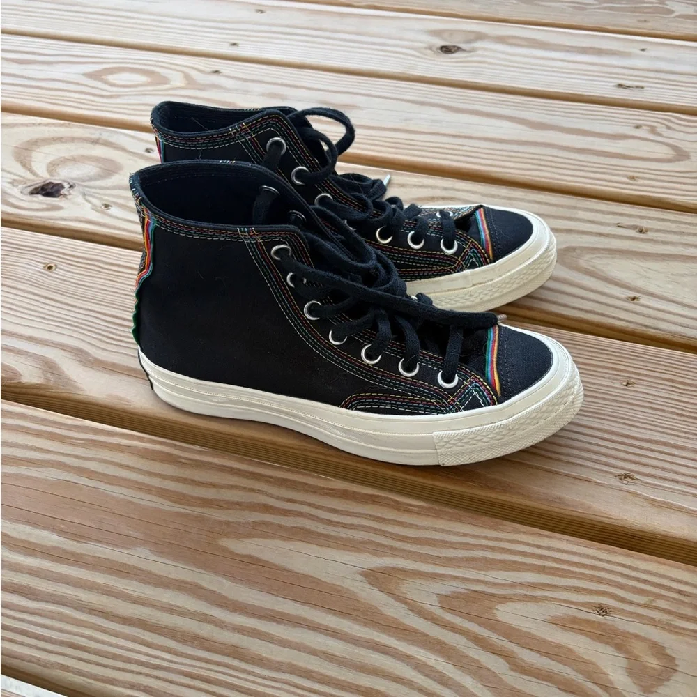 Converse Layered Pride Sneakers - Black High-Tops with Rainbow Stitching - Picture 3 of 6